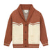 Brown and beige knitted cardigan with button details on a white background