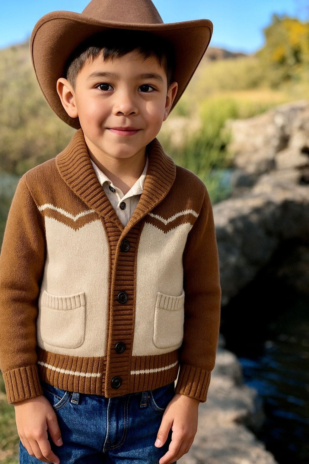 A young boy wearing a brown and cream knit cardigan sweater with a cowboy hat, standing outdoors in front of a blurred natural background.
