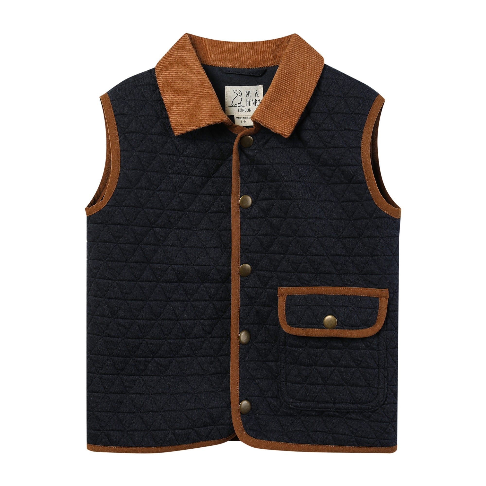 A quilted children's vest in dark navy with contrasting brown corduroy collar, trim, and pocket flap, featuring brass-tone snap buttons.