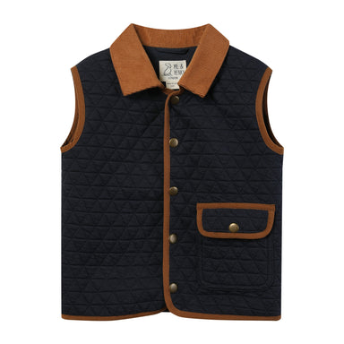 A quilted children's vest in dark navy with contrasting brown corduroy collar, trim, and pocket flap, featuring brass-tone snap buttons.