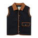 A quilted children's vest in dark navy with contrasting brown corduroy collar, trim, and pocket flap, featuring brass-tone snap buttons.