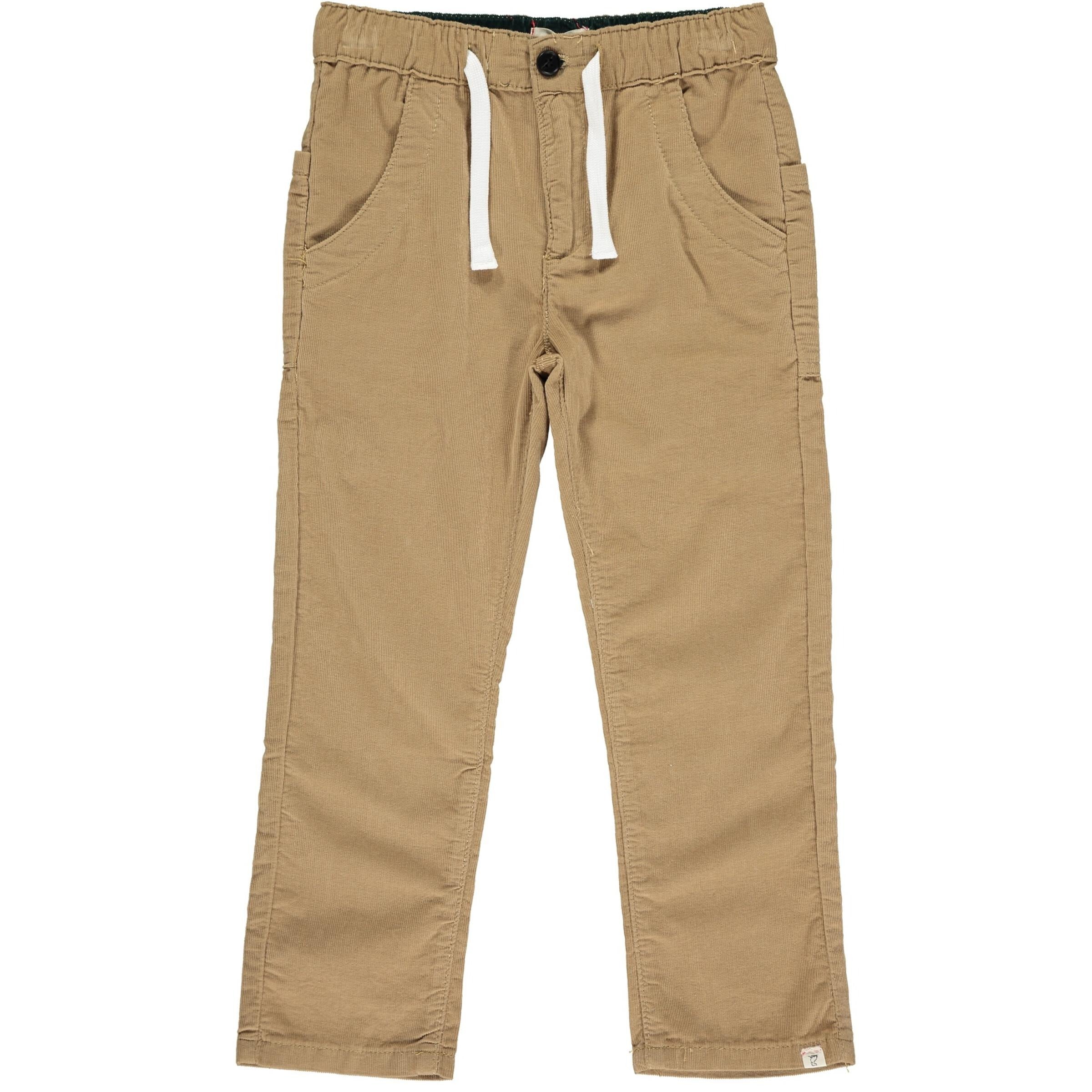 light brown corduroy pants with white drawstring elastic waistband and button closure