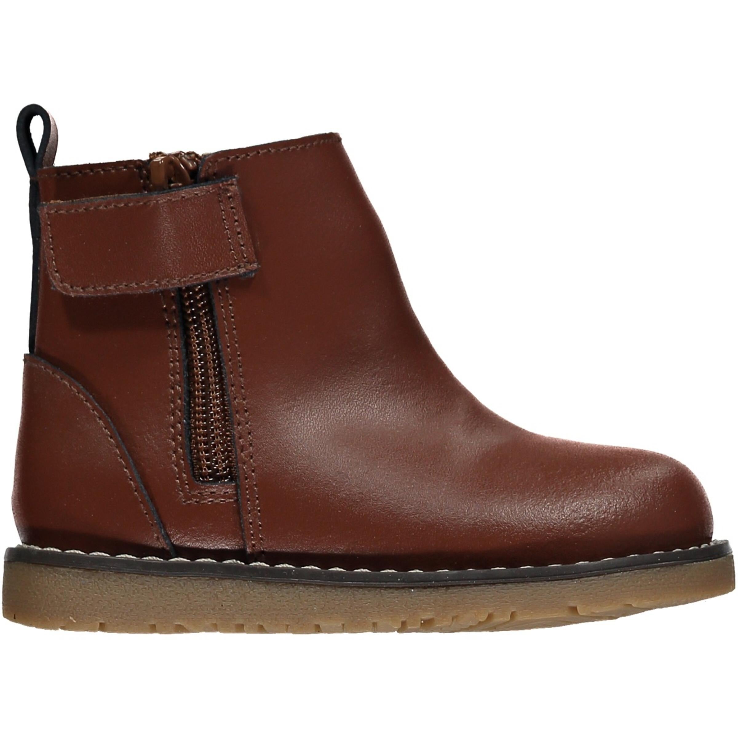 side view of dark brown leather chelsea boot with zipper on the side