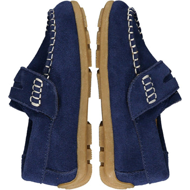 side view of navy suede loafers with rubber sole