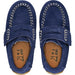 top view of navy suede loafers 