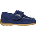 side view of navy suede loafer