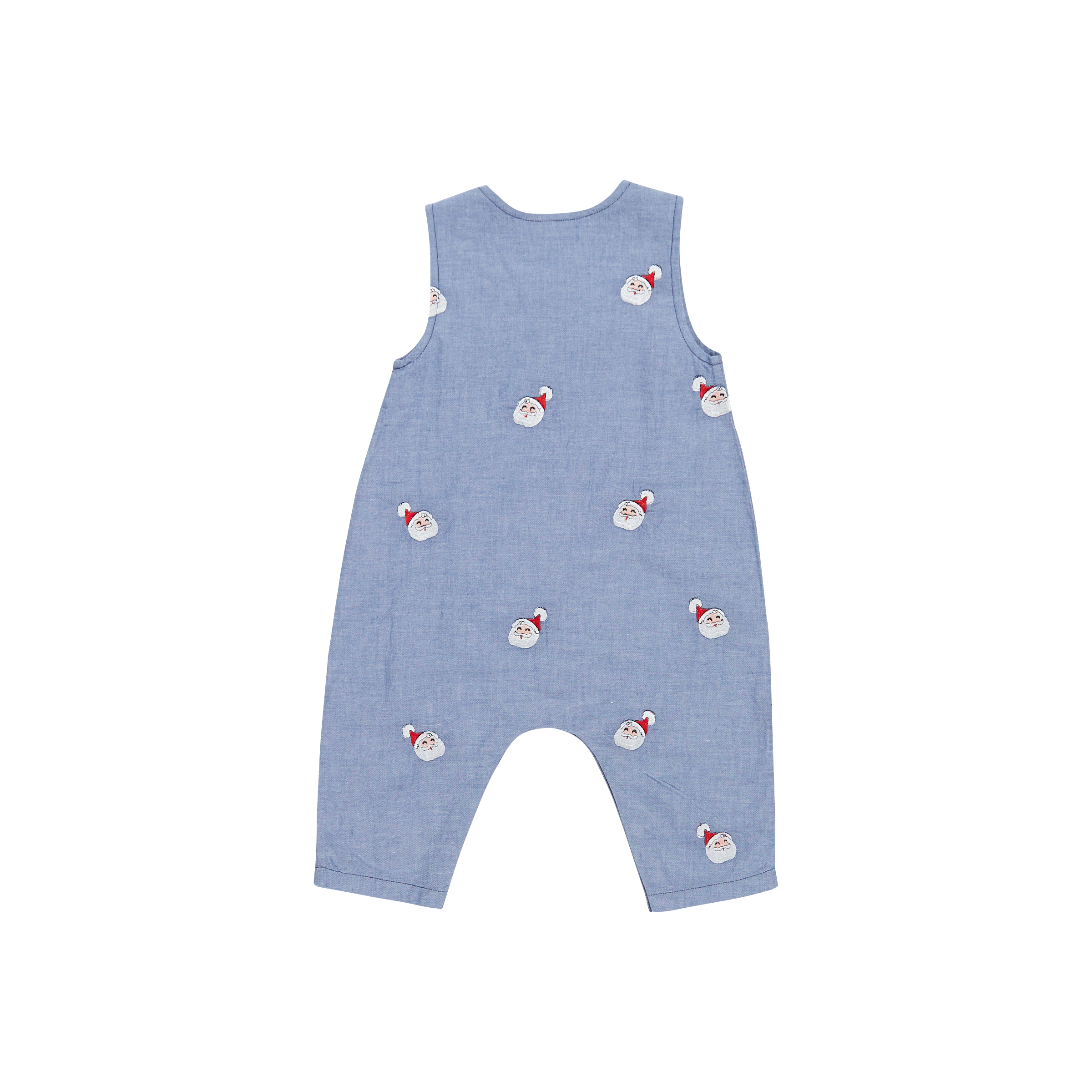 back of chambray blue sleeveless jumper with santa embroidery