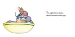 Illustration of a mouse decorating Easter eggs with text on a white background