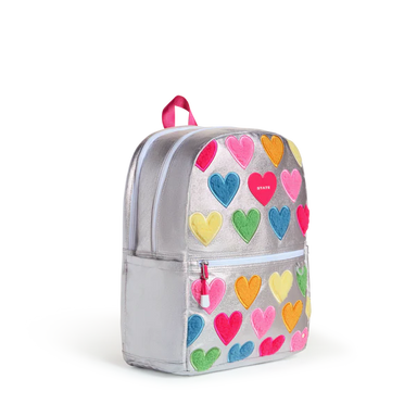 Side view of a Happy Fuzzy Hearts Double Pocket Backpack
