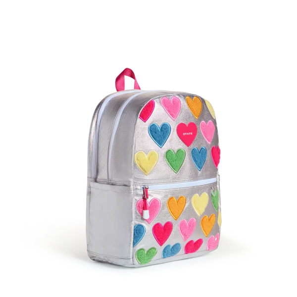 Side view of a Happy Fuzzy Hearts Double Pocket Backpack