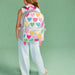 Girl with a Happy Fuzzy Hearts Double Pocket Backpack on her back