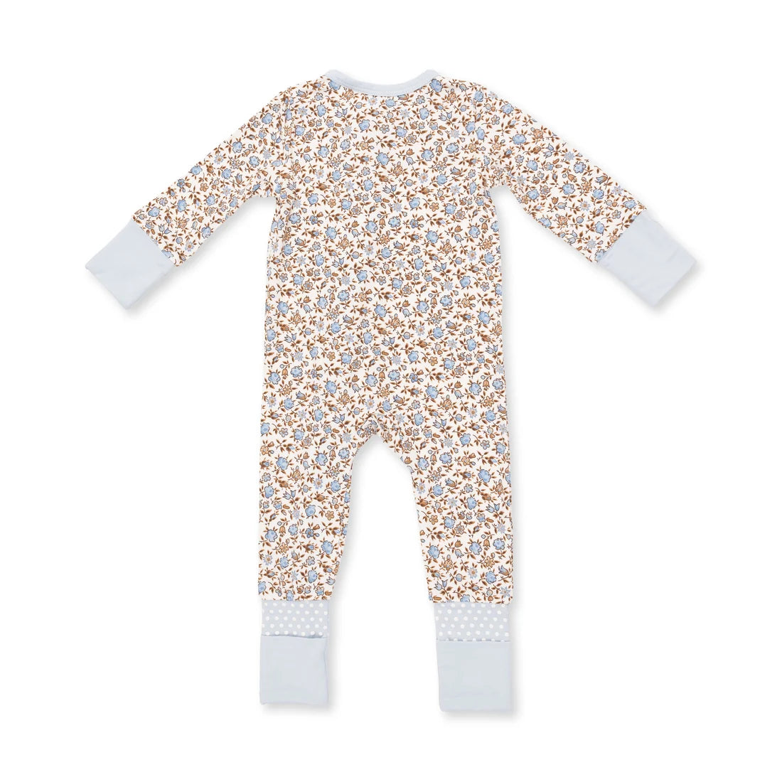 A baby long-sleeve footless one-piece jumpsuit with a dense floral print in brown and blue on a cream background, featuring solid light blue cuffs.
