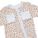 A baby outfit with a long-sleeve design, featuring a brown and blue floral pattern on a cream background, with contrasting light blue trim.