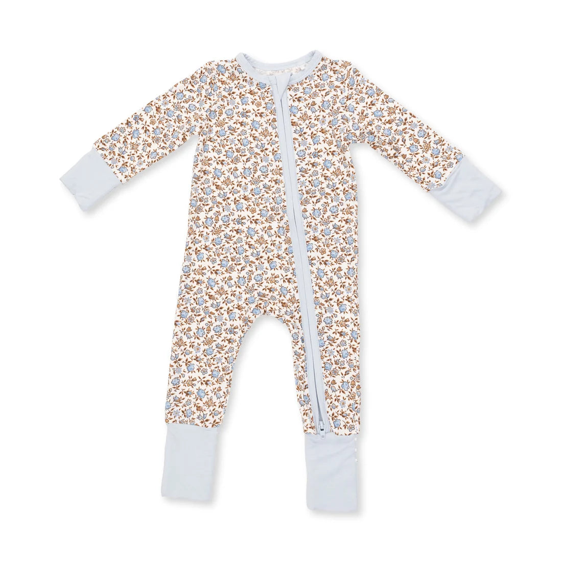 A long-sleeve baby footless one-piece sleeper with a light beige background covered in a dense brown and blue floral pattern, featuring solid light blue cuffs and footings, and a front zipper.