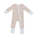 A long-sleeve baby footless one-piece sleeper with a light beige background covered in a dense brown and blue floral pattern, featuring solid light blue cuffs and footings, and a front zipper.