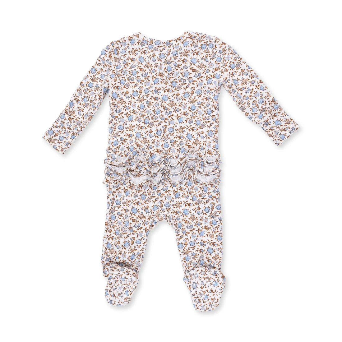 A baby long-sleeve footed sleeper with an all-over floral print in light blue and brown on a white background, featuring a ruffle detail at the waist.