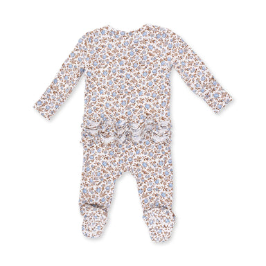 A baby long-sleeve footed sleeper with an all-over floral print in light blue and brown on a white background, featuring a ruffle detail at the waist.