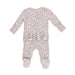 A baby long-sleeve footed sleeper with an all-over floral print in light blue and brown on a white background, featuring a ruffle detail at the waist.