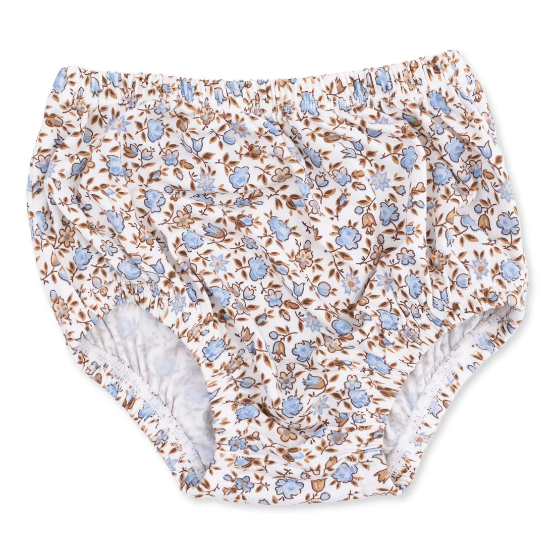 A pair of baby bloomers with an all-over blue bunny and brown leaf pattern on a white background, featuring a light blue-gray lining.