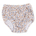 A pair of baby bloomers with an all-over blue bunny and brown leaf pattern on a white background, featuring a light blue-gray lining.