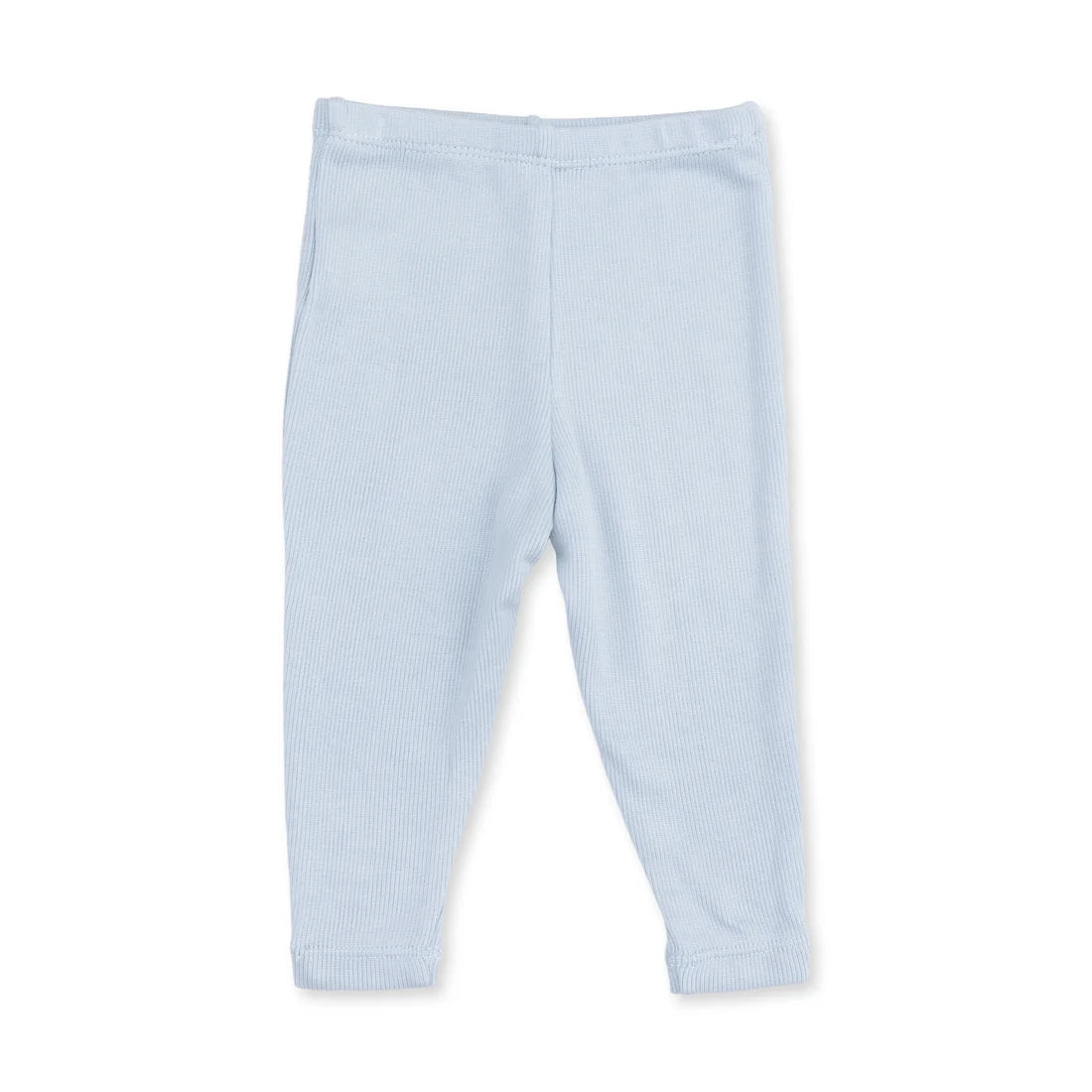 Light blue ribbed knit baby leggings shown flat against a white background.