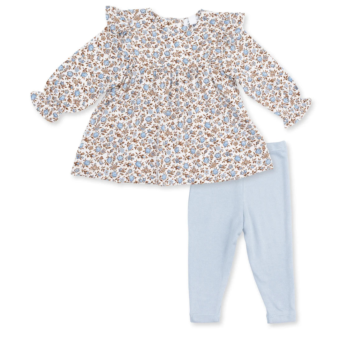 A toddler girl's two-piece outfit set featuring a long-sleeve ruffle-neck top with a brown and light blue floral print on a cream background, paired with light blue leggings.