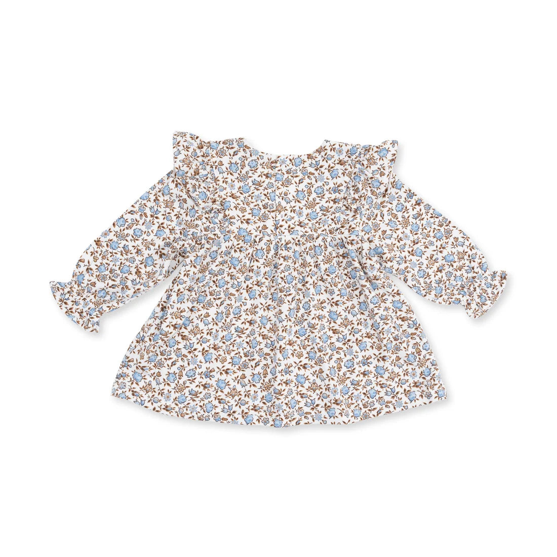 A long-sleeve baby tunic with a ruffled neckline and cuffs, featuring a dense all-over floral print in light blue, brown, and beige on a white background.