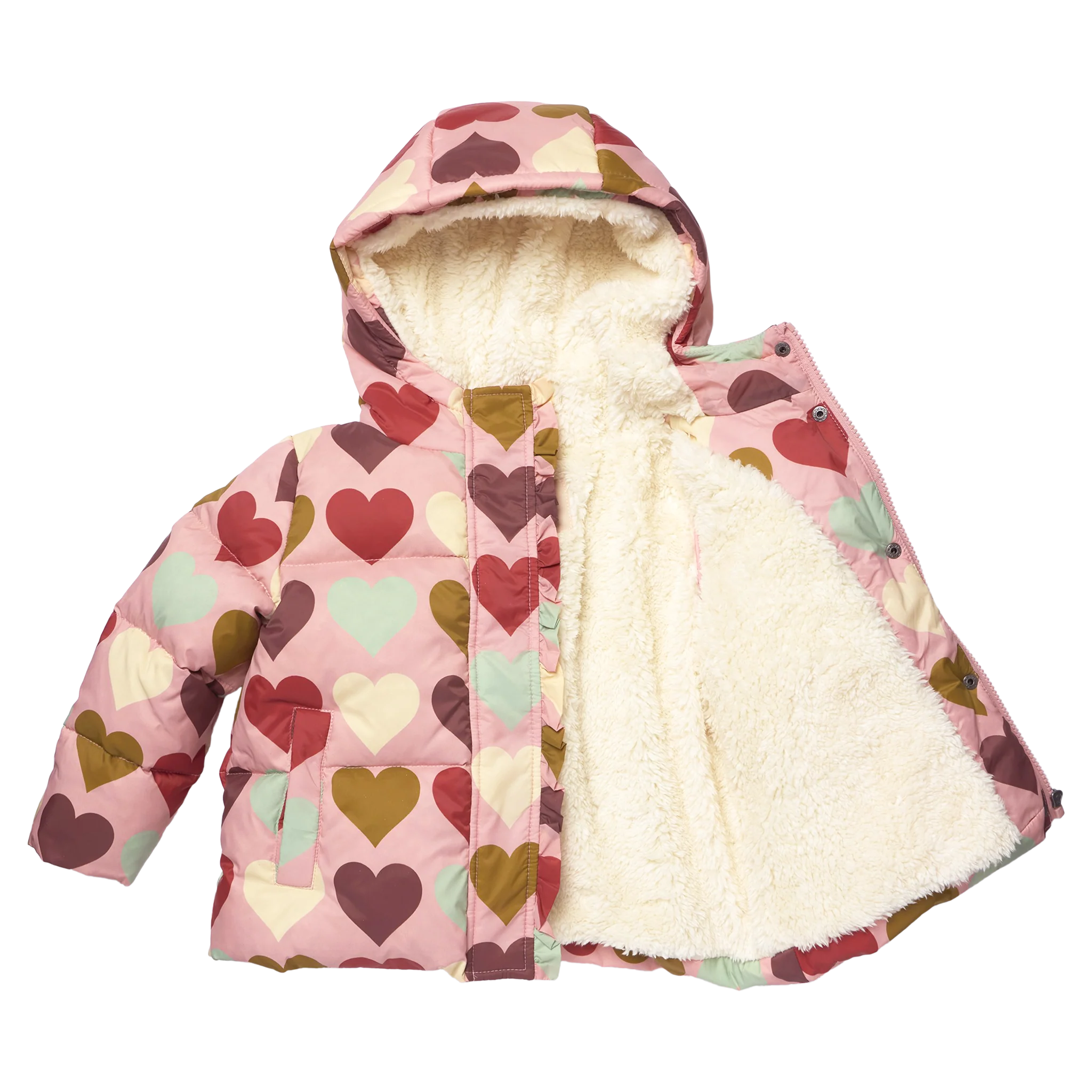 A pink hooded puffer jacket with a heart pattern in red, brown, olive green, and light green, featuring a thick cream sherpa lining.