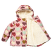 A pink hooded puffer jacket with a heart pattern in red, brown, olive green, and light green, featuring a thick cream sherpa lining.
