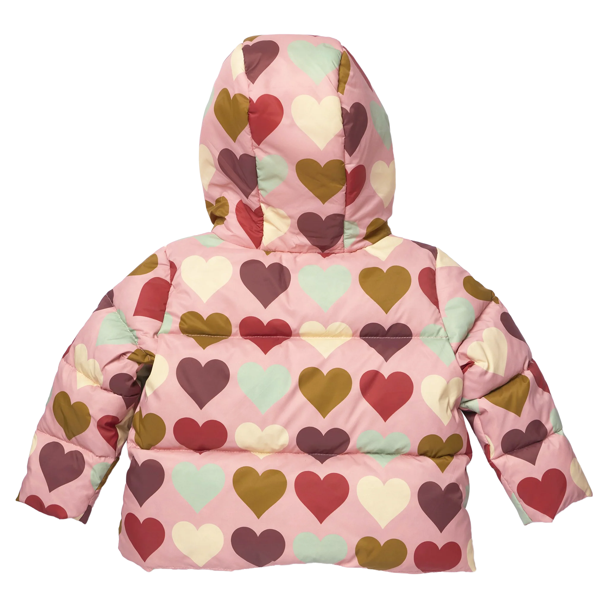 A hooded puffer jacket shown from the back, featuring a light pink base covered in a repeating pattern of hearts in red, brown, mint green, and cream.