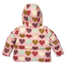 A hooded puffer jacket shown from the back, featuring a light pink base covered in a repeating pattern of hearts in red, brown, mint green, and cream.
