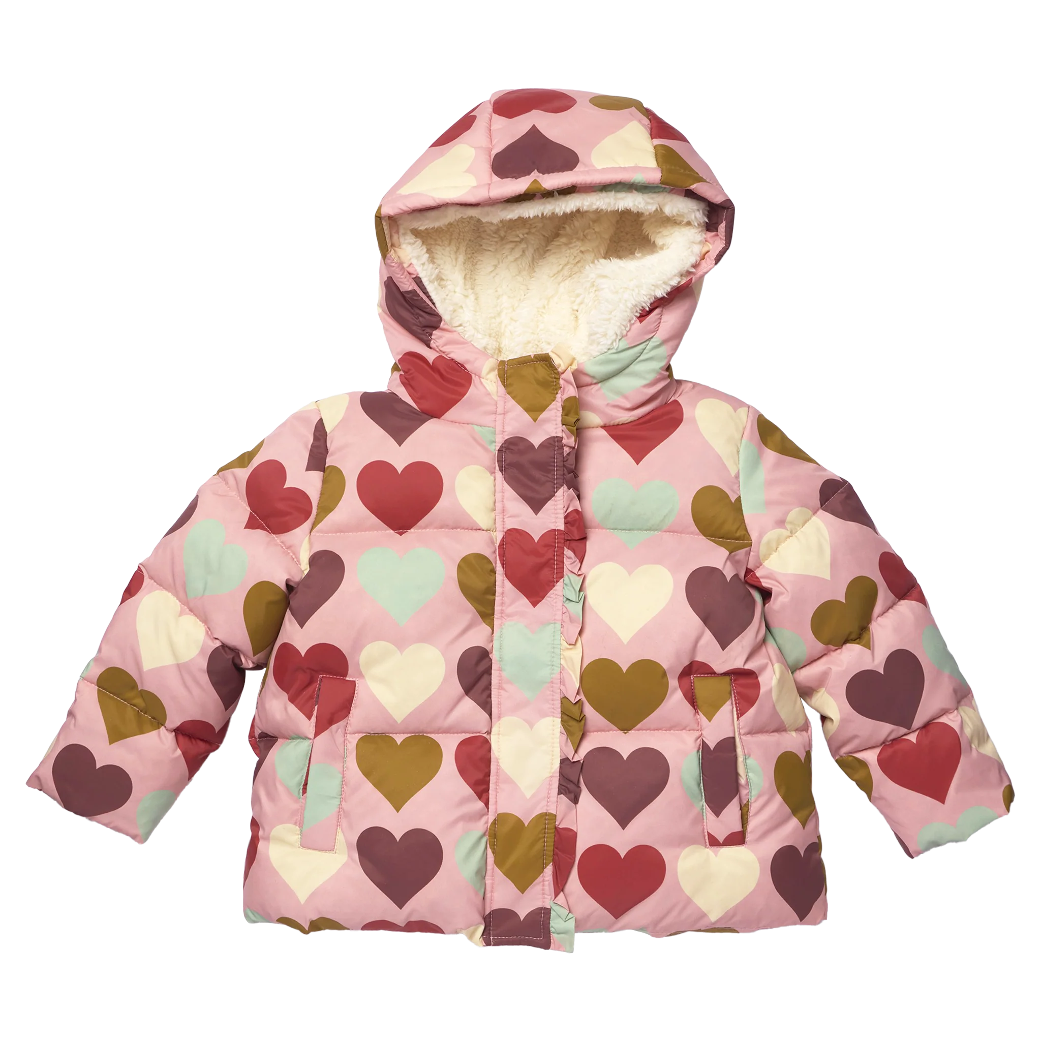 A pink hooded puffer jacket with an allover heart pattern in shades of red, brown, olive green, and cream, featuring a soft cream sherpa lining inside the hood and front pockets, shown on a plain white background.