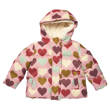 A pink hooded puffer jacket with an allover heart pattern in shades of red, brown, olive green, and cream, featuring a soft cream sherpa lining inside the hood and front pockets, shown on a plain white background.