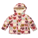 A pink hooded puffer jacket with an allover heart pattern in shades of red, brown, olive green, and cream, featuring a soft cream sherpa lining inside the hood and front pockets, shown on a plain white background.