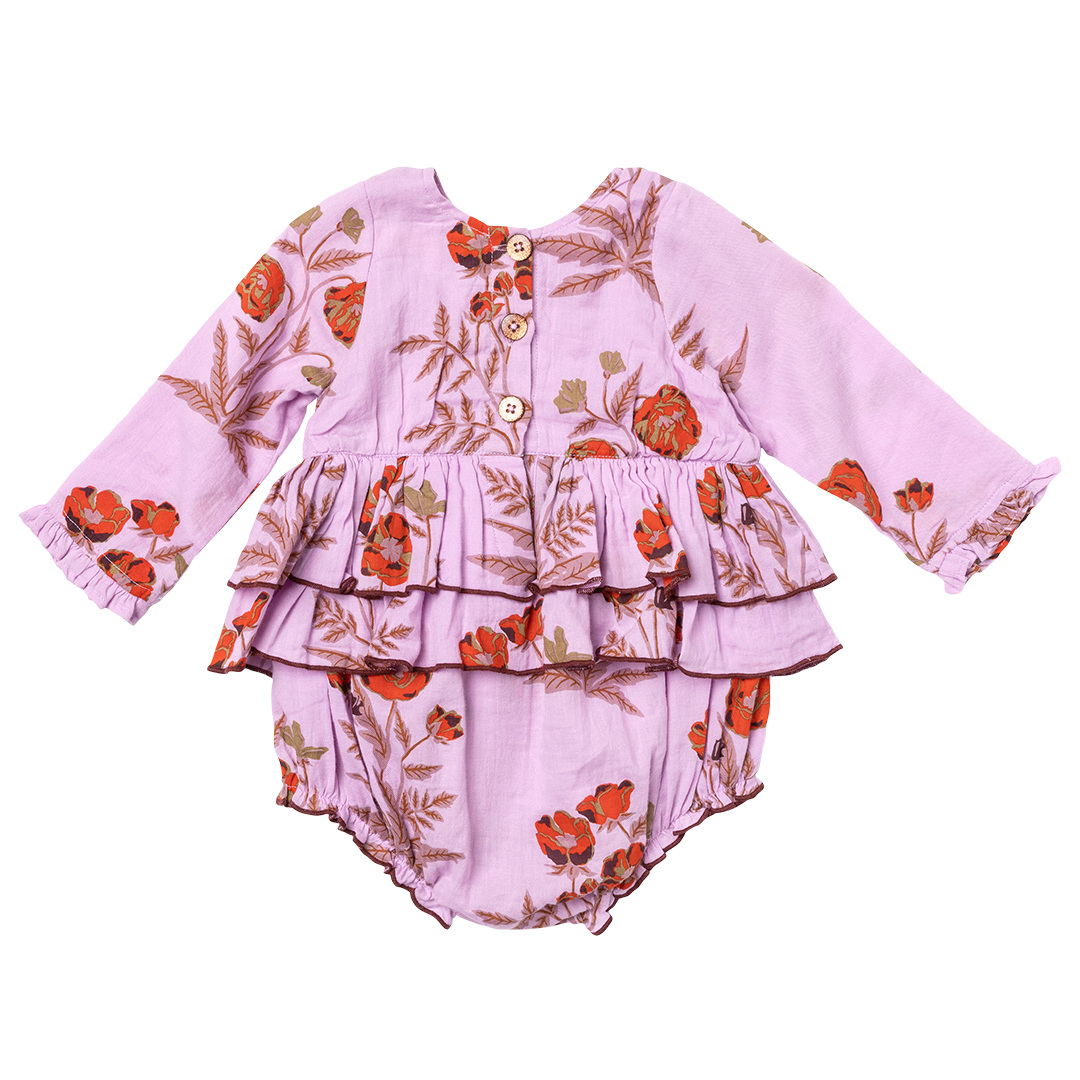 back of long sleeve lavender bubble with ruffle detail and orange poppy floral print and button closure