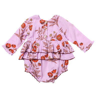 back of long sleeve lavender bubble with ruffle detail and orange poppy floral print and button closure