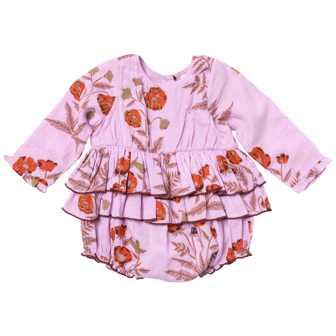 long sleeve lavender bubble with ruffle detail and orange poppy floral print