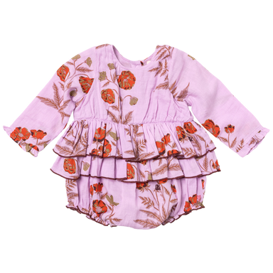 long sleeve lavender bubble with ruffle detail and orange poppy floral print