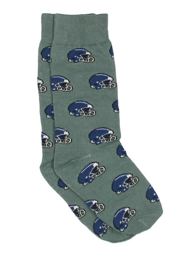 Green sock with blue helmet pattern on a white background
