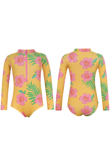 Yellow swimsuit with pink floral and green leaf pattern on a white background