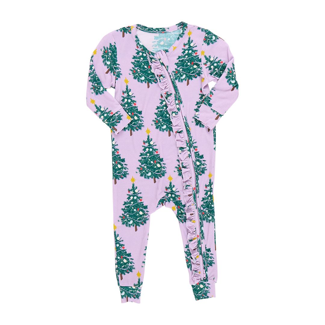 Ruffled Zippered Romper - Purple Flocked Tree