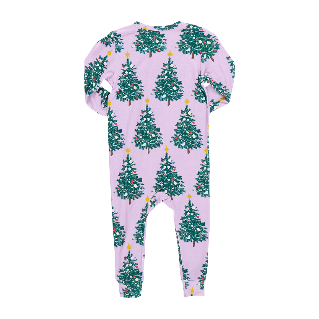 Ruffled Zippered Romper - Purple Flocked Tree