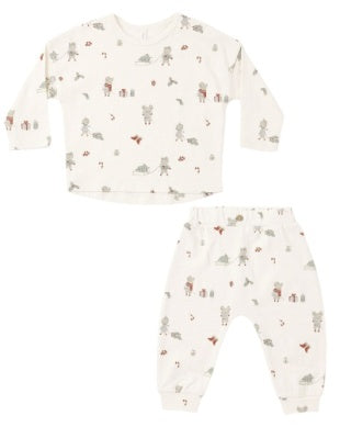 Baby outfit set with top and pants featuring a Christmas mouse print on a white background