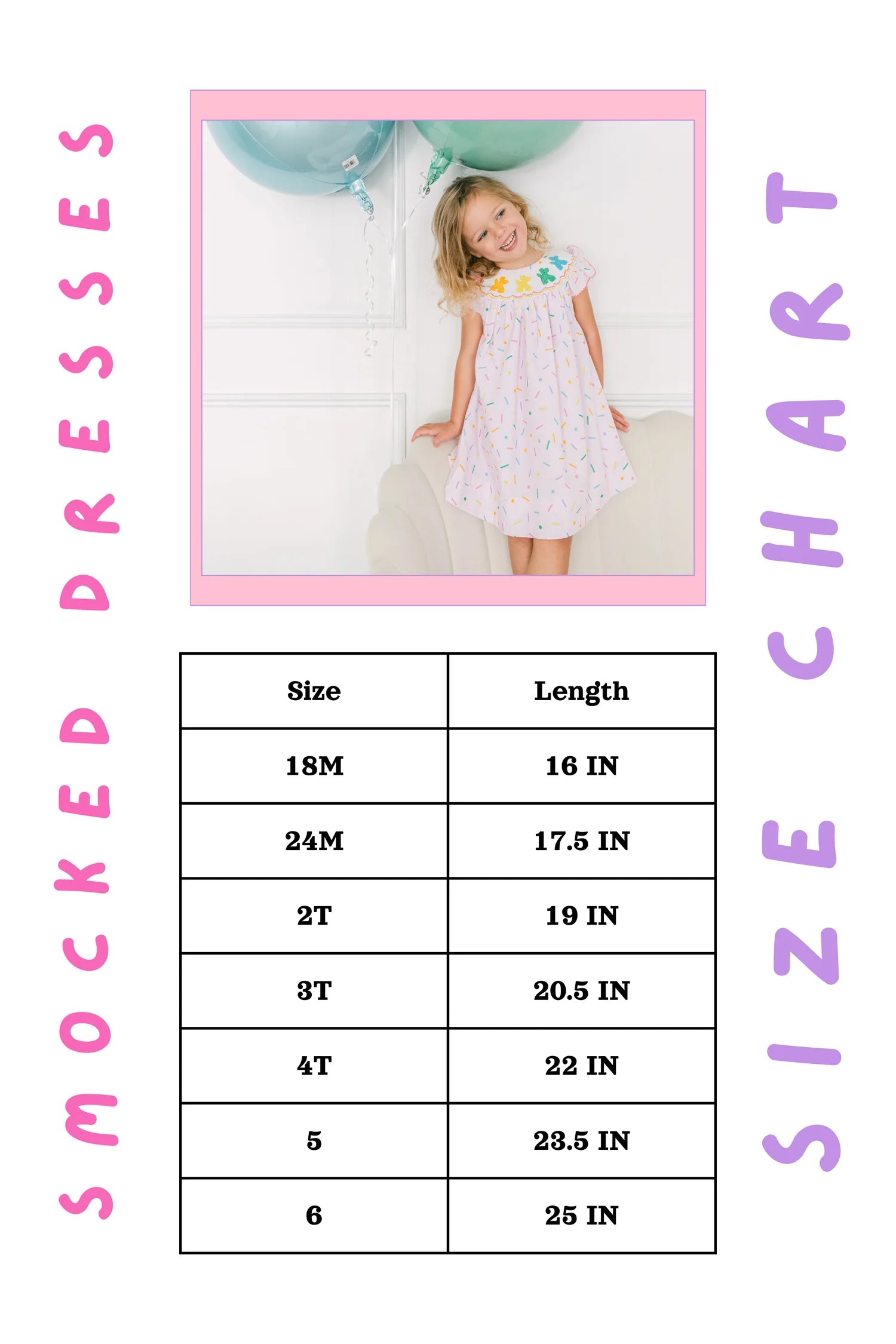 Poppy Kids girls dress measurement chart with pastel floral dress photo and lengths from 16 inches for 18M to 25 inches for size 6