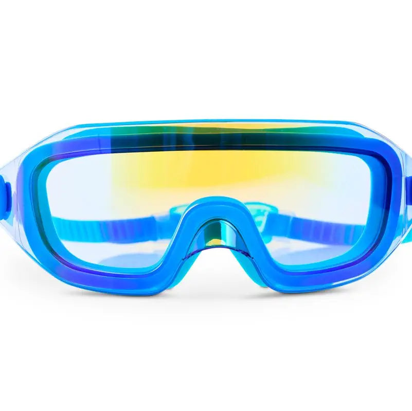 Blue goggles with yellow-tinted lenses on a white background