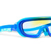 Blue swim goggles with gradient yellow to blue lenses on a white background