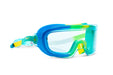 Blue and green swim goggles on a white background