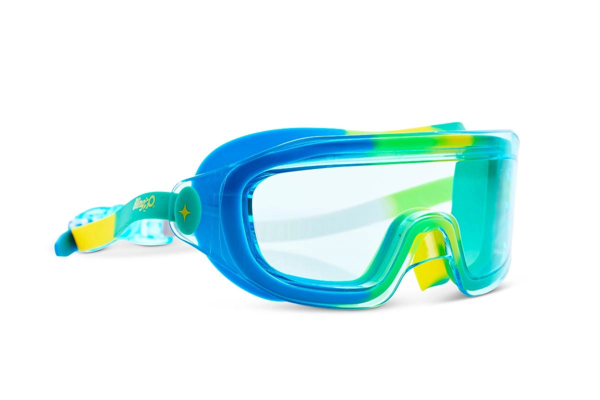 Blue and green swim goggles on a white background