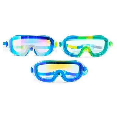 Three colorful swim goggles on a white background