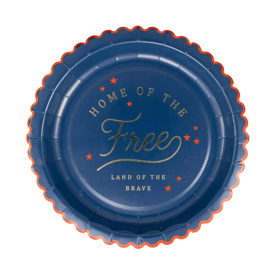 Blue paper plate with 'Home of the Free, Land of the Brave' text on a white background